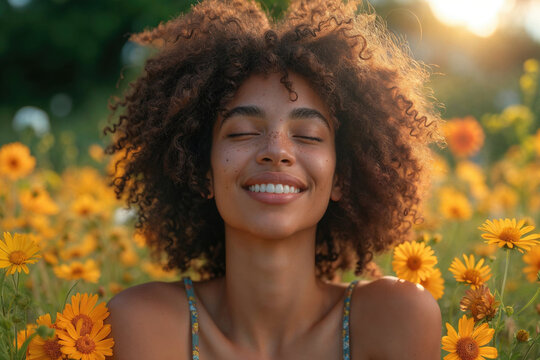 Joyful woman in a sunlit field of yellow flowers. Generative AI image