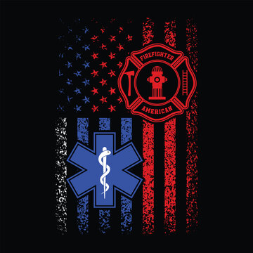 National First Responders Flag.I Support First Responders Flag.Distressed American Flag Ems Emergency Medical Service and Firefighter Logo Symbol Design For T Shirt Poster Banner Backround Vector..