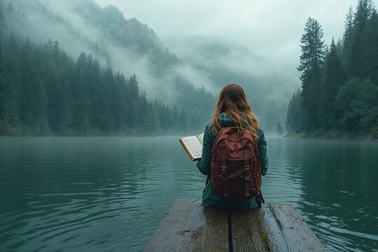 Solitary reading session by a misty mountain lake. Generative AI image