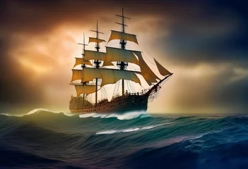 Foto op Canvas Old ghost ship sailing in a stormy sea. © Umer