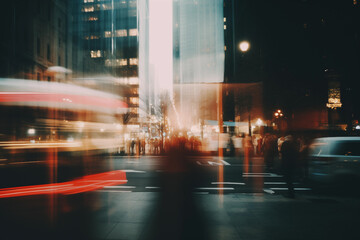 Obraz premium City centre view, blurred out of focus city life in dynamics, blurry silhouettes. Abstract beautiful backdrop for text or advertising. Unfocused buildings and people