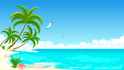 Fototapeta na wymiar Tropical beach with palm trees on the shore. Sea tropical landscape. Sandy Beach with palm trees. Seacoast with palm trees, blue sky, and white clouds. Palm trees against the background of the sea sky