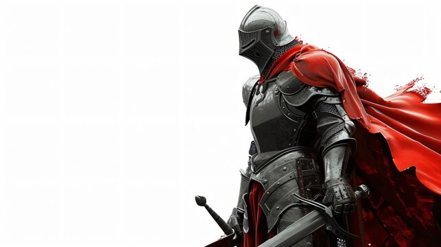 A knight in full armor stands tall and proud, his red cape flowing in the wind. He is a symbol of strength, courage, and honor.