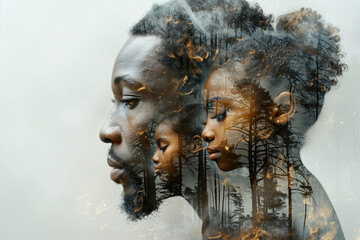 Double exposure portrait of two faces with forest fire. Generative AI image