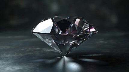 This is a 3D rendering of a diamond on a dark background. The diamond is cut in a brilliant style and has a round shape. - obrazy, fototapety, plakaty