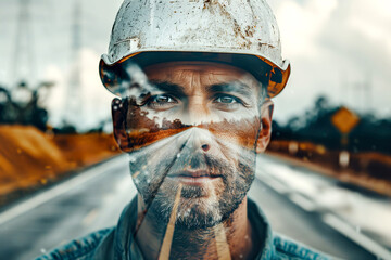 Double exposure portrait of a man with highway overlay. Generative AI image