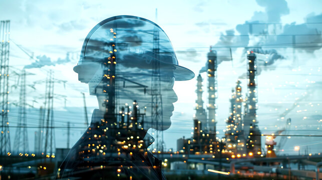 Double exposure of engineer with oil refinery at dusk. Generative AI image