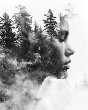 Ethereal double exposure portrait with forest. Generative AI image