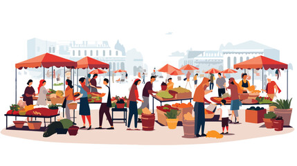 Flat vector scene A bustling food market with vendo