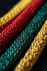Macro image of three stretched laces in green, yellow and red colors. Shoelaces in realistic textures on dark background. - obrazy, fototapety, plakaty