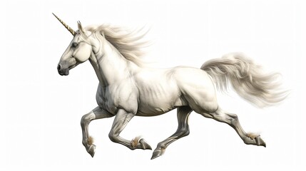Obraz na płótnie Canvas A beautiful white unicorn is running. It has a long, flowing mane and tail, and a single horn on its forehead.