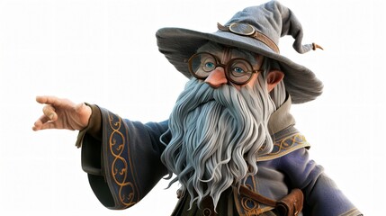 A wise old wizard with a long white beard and blue hat points his finger to cast a spell.