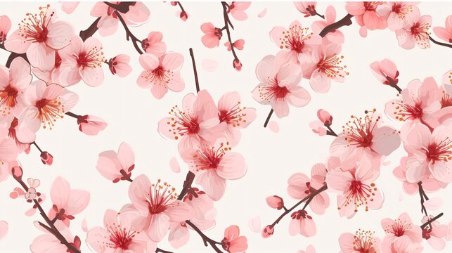 A beautiful floral pattern with delicate pink cherry blossoms on a light pink background.