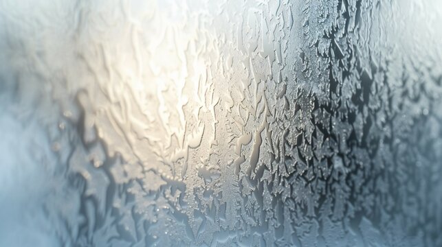 Ice crystals formed on a frozen window create a beautiful and intricate pattern.