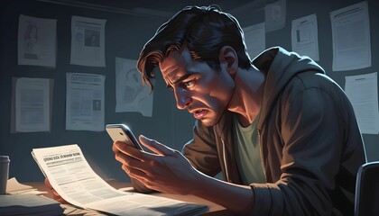 Anxious Anticipation: A Person Stares at Their Smartphone, Battling Nervousness and Unease, Caught in the Grip of Digital Anxiety, Reflecting the Modern Struggle with Technology-Induced Stress and Unc