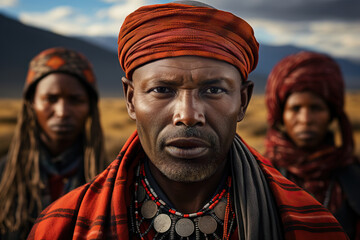 Proud Maasai men and woman in traditional attire. Generative AI image