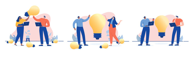 Idea workshop illustrations - Happy smiling people coming up with big ideas working with lightbulb and computers in office. Business creativity concept in flat design vector with white background