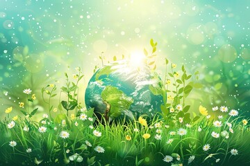Fototapeta na wymiar Glass globe in green grass at sunny background. Concept of the Environment World Earth Day.