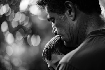 Man holds his young son in his arms, bokeh background. Black and white photo.
