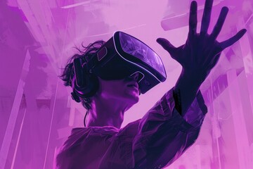 A gamer wearing a headset, lost in the immersive experience of virtual reality, reaching out to...