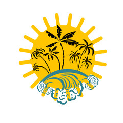 Logo sun and palm trees. Hello summer. hand drawing. Not AI. Vector illustration