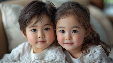 Happy Asian siblings share a warm embrace, cherishing bond on Siblings Day