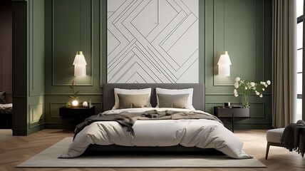 A sophisticated bedroom boasting olive and white 3D wall patterns, exuding timeless elegance.