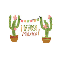 Lettering Viva Mexico with cactus. Translation: Long Live Mexico, Traditional Mexican Celebration.