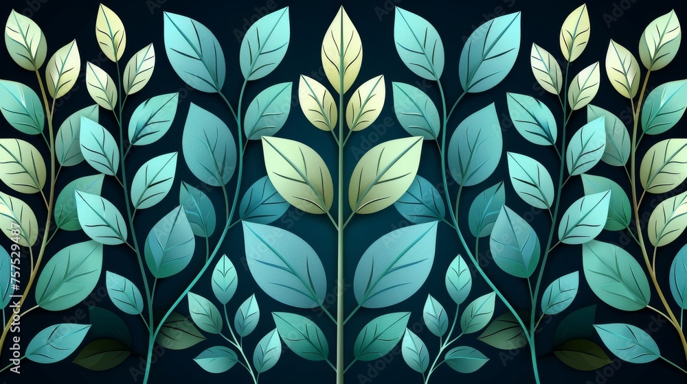 Poster a set of three green leaves on a black background with a green stripe in the middle of the image and