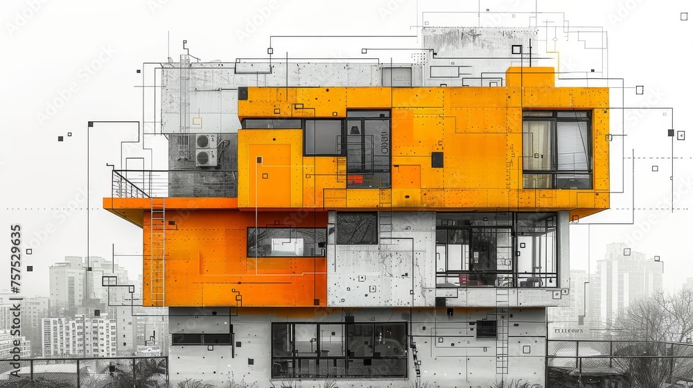 Poster a drawing of a building with a lot of windows and balconies on the outside of the building and a lot