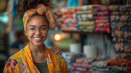 A happy young woman with an intellectual disability working at the checkout of a fabric store, scanning items with confidence and sharing a joke with a customer, creating a warm and friendly - obrazy, fototapety, plakaty