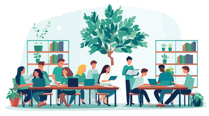 Flat vector scene A classroom with diverse students