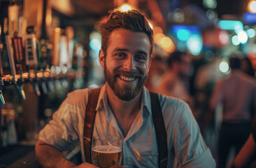 Cheerful Bartender Serving Alemania Beer with a Warm Smile in a Cozy Pub