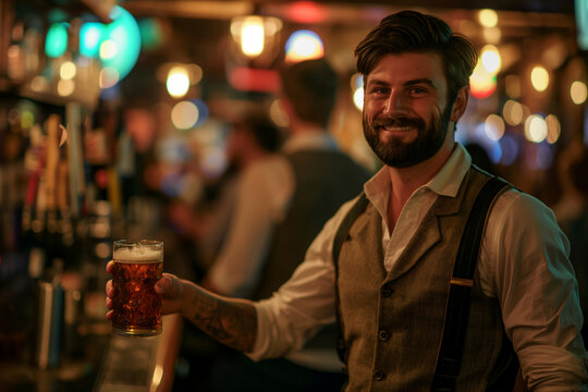 Charismatic Bartender Serving Alemania Beer with a Smile in a Cozy Pub