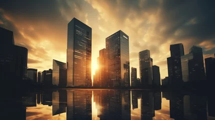 Fotobehang A group of towering buildings against a backdrop of the setting sun creates an abstract business and finance background. © Alex Shi
