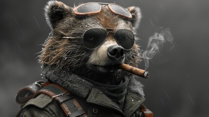 a close up of a raccoon wearing sunglasses and a jacket with a cigarette in it's mouth. - obrazy, fototapety, plakaty