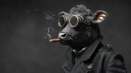 a black bear wearing a suit and goggles with a cigarette in it's mouth and smoke coming out of its mouth.