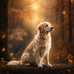 A cute golden retriever sitting, good-natured, intricate detail, against an ethereal bright forest