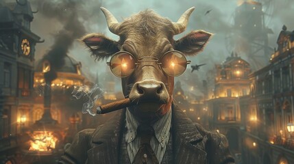 a cow wearing a suit and glasses with a cigarette in his mouth in front of a steampunk city.