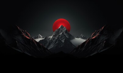 Amazing snowy mountains with a big red sun setting behind them. - Powered by Adobe