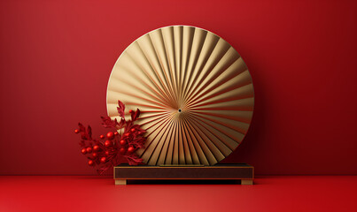 Golden Podium Display Mockup for Chinese New Year on Red Background, Generative AI