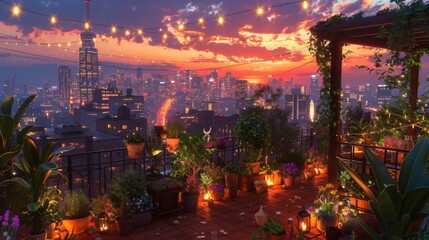 A lively rooftop garden party in the city, with guests enjoying cocktails and canas among green plants and twinkling fairy lights. The skyline provides a dramatic backdrop as the sun sets
