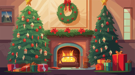 Flat vector scene A cozy living room with a crackli