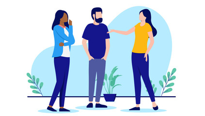 People working and talking - Man and women in office having a dialogue and discussing work. Flat design vector illustration with white background
