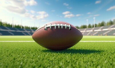 Ball for american football in amazing green grass of american football field .