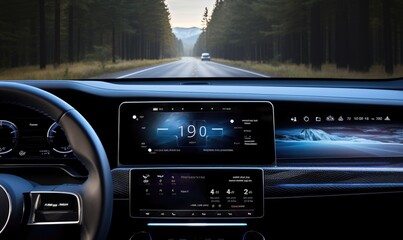 First person view from modern car cockpit with digital car data and driving information.
