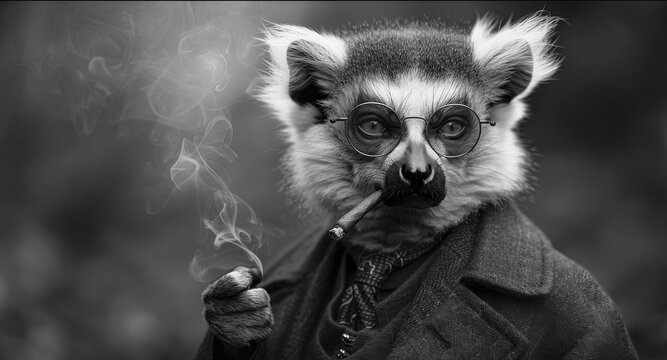 a black and white photo of a racoon dressed in a suit and tie with a cigarette in his mouth.