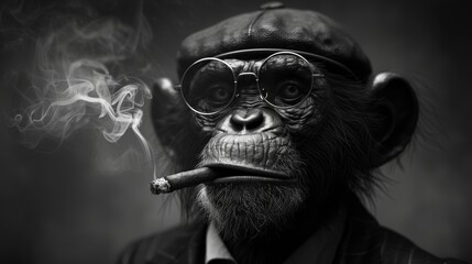 a monkey wearing glasses and a hat with a cigarette in it's mouth and smoking a cigarette in his mouth.