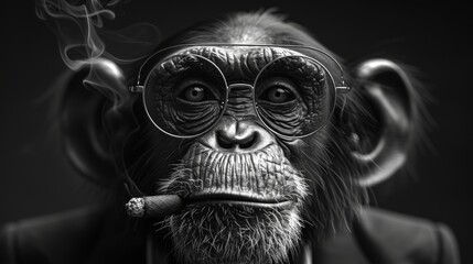 a black and white photo of a monkey wearing glasses with a cigarette in his mouth and smoking a cigarette in his mouth.