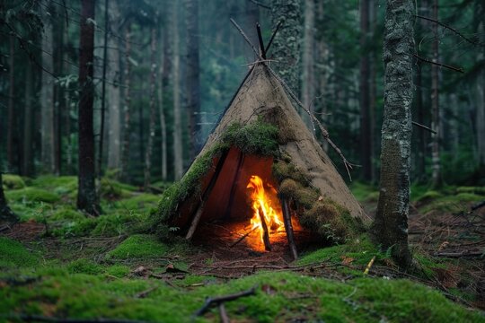 Primitive Amerindian Survival Shelter with Campfire Burning in Mossy Forest Environment. Tipi-style Bushcraft Wikiup for Outdoor Survival